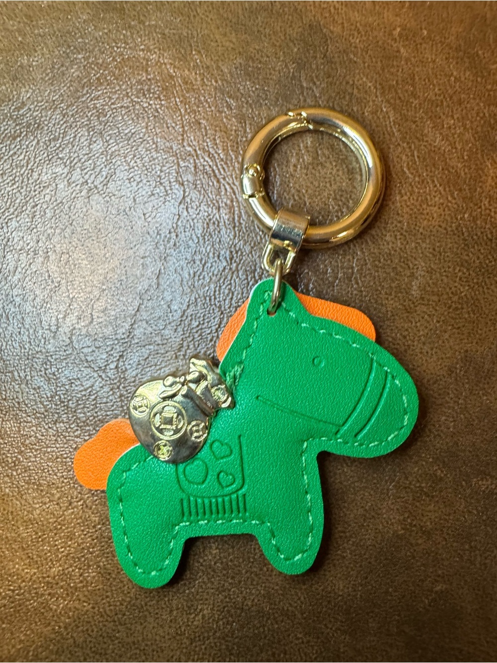 NWT Green & Orange Horse Leather Bag Charm with Gold Charm
